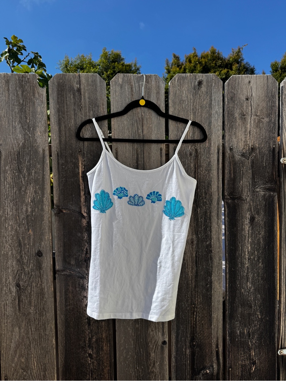 Everything That Glitters White Tank Top Blue Shell Handpainted Bedazzled